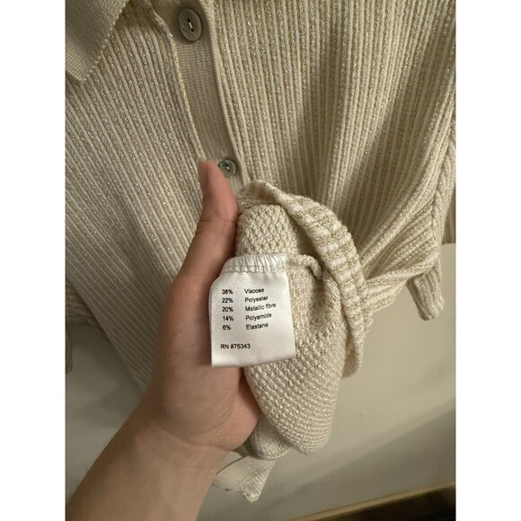 Linea Moda Italy Beige Button Down Knit Shirt M Glitter Thread Short Sleeve - Picture 3 of 10
